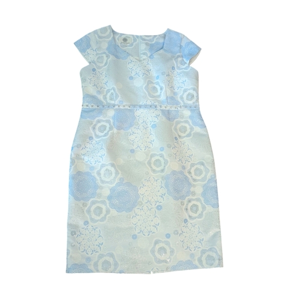 Nassini Milano Cap Sleeve V Neck Elegant Blue/ White/Silver Floral Sheath Dress - Picture 3 of 10